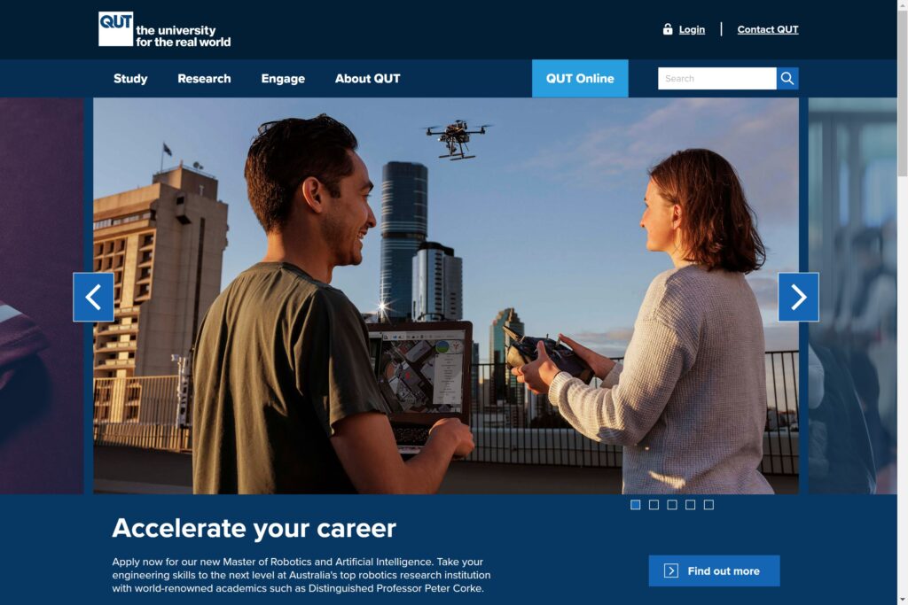 QUT homepage feature for the Master of Robotics and AI
